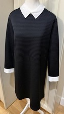Primark Black Textured Shift Dress Midi White Collar Mod Preppy Long Sleeve 10