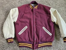 Vtg Ripon Jackets Maroon Wool & Tan Leather Varsity Letterman Jacket Sz 46 USA