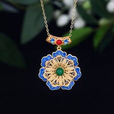 Jade Crystal Pendant Necklace Charm Gold Plated Flower Retro Dainty Gemstone New