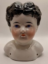 Antique German 6  China Doll Head Hertwig Black Hair Blue Eyes Hand Painted
