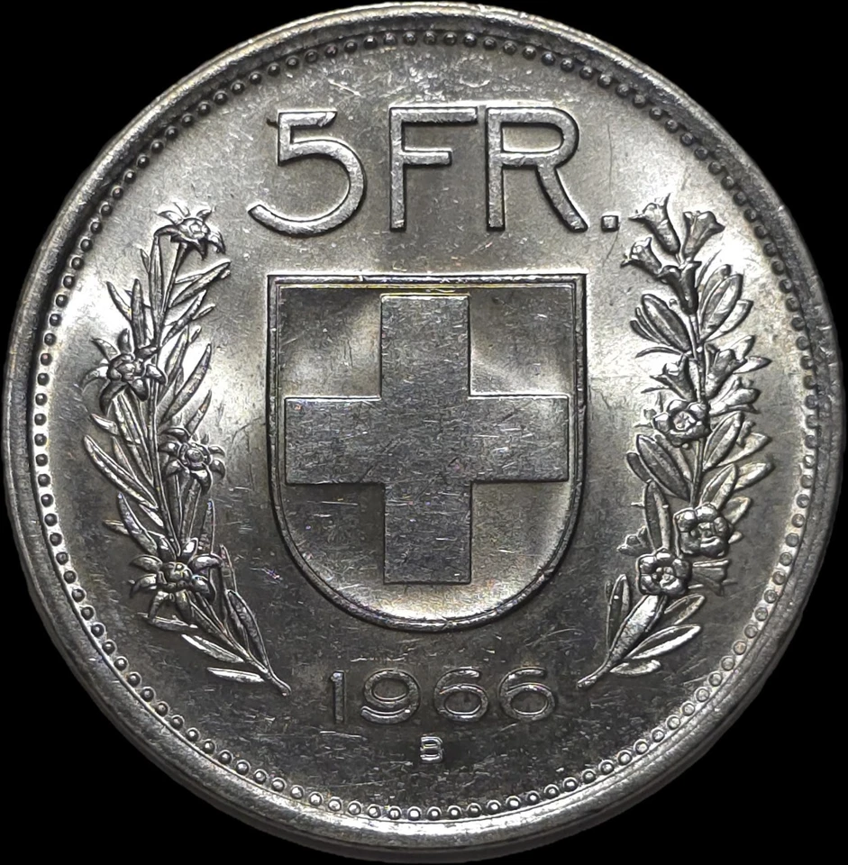1966B 5 FRANCS SWITZERLAND HELVETIA BU 83.5% SILVER COIN - Image 2 of 4