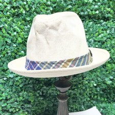 Vintage 60s 70s Beige Linen Blend Lined Fedora Hat Multicolor Plaid Band 7 1/4