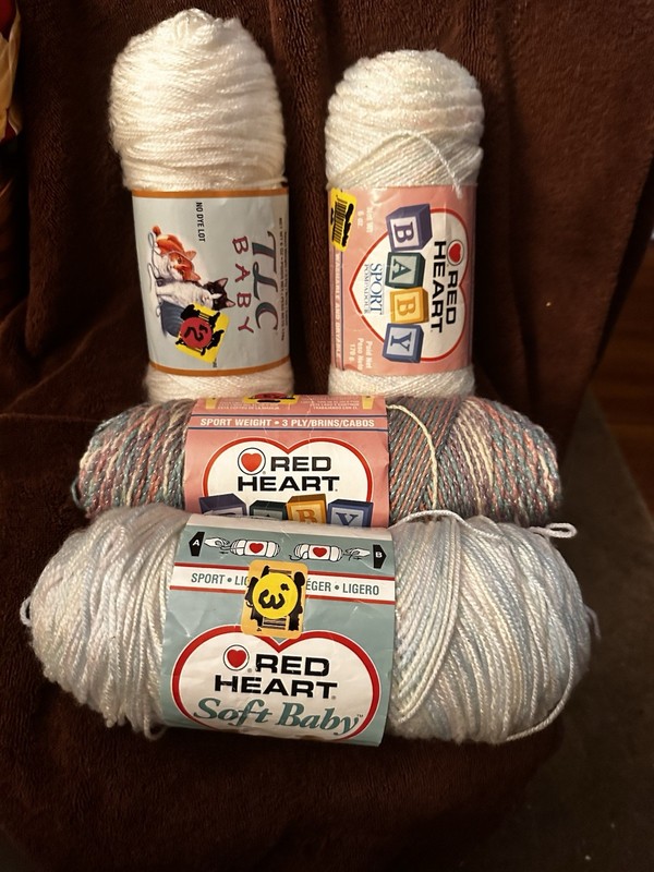 Lot of 4 Large skeins Baby Sport yarn, Red Heart (3) and 1 TLC Yarn (see detail)