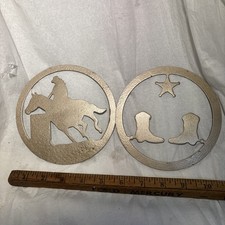Lot Of 2 Metal Cowgirl Barrel Race Cowboy Boots 5  Plaque, Sign, Home Decor