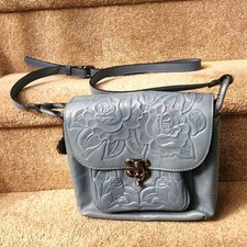 Patricia Nash "Leandra" Blue Tooled Leather Crossbody Bag w/ Embossed Flowers