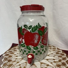 1 Gal. Glass Apple Beverage Jug/ Vessel Red Lid and Handle