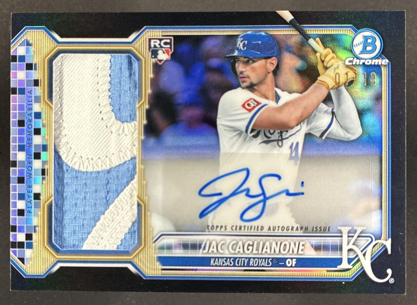 2026 Bowman Chrome Jac Caglianone Jumbo Patch Auto Black Refractor SP RC #/10 view 1