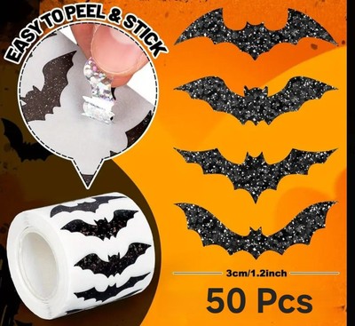50x schwarze Fledermaus holografische Aufkleber Halloween Party Umschläge Geschenk Basteln