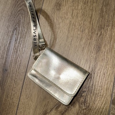 Versace Parfums Gold Leather Wristlet Micro Bag With Strap Magnetic Clasp