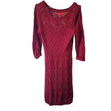 Elle Burgundy Open Knit Red Sweater Lined 3/4 Sleeve Dress