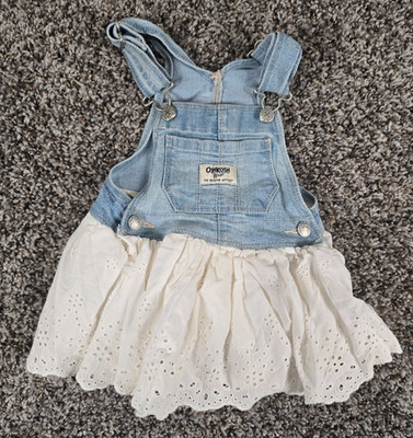 Baby girl's 12M OshKosh B'Gosh denim jumper dress featuring a white eyelet skirt