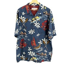 Quiksilver Edition Mens L Hawaiian Aloha Shirt Blue Surfer Scene Short Sleeve