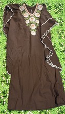 Vtg 60s 70s Brown Floral Embroidered Kaftan Flowy Dress Hippie Boho Sz 6 Talon