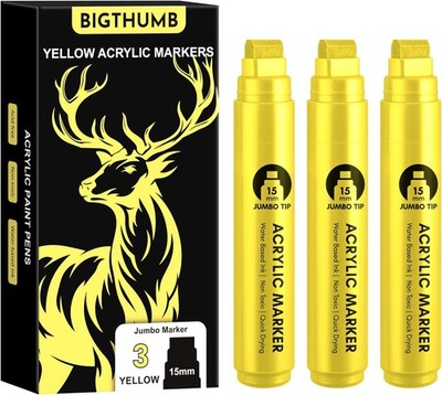 3 Pcs Yellow Jumbo Permanent Markers: 15mm Wide Tip Thick Acrylic Paint Pen Larg