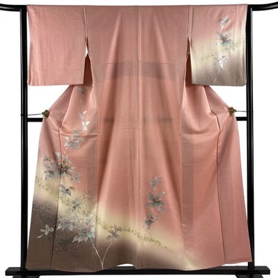 Japanese Silk Houmongi Kimono M 155cm Pink Leaves and fruits Silhouette Raden 27