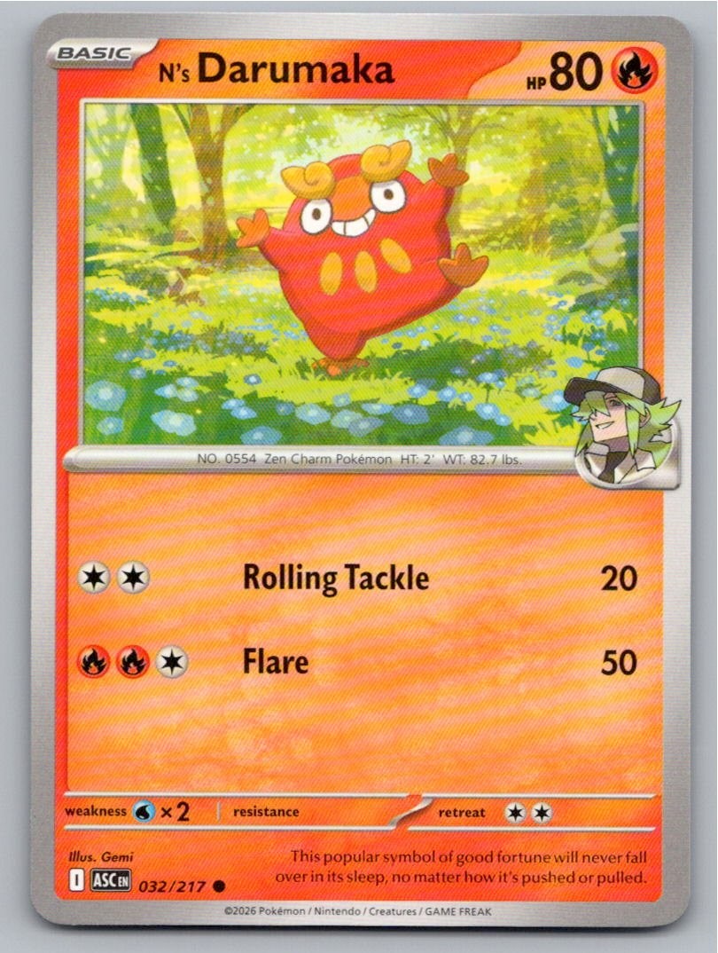 2026 POKEMON N'S DARUMAKA ASCENDED HEROES 032/217 COMMON NM A5022 FREE S&H