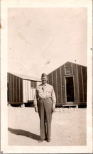 Vintage Snapshot Photo Military Man Soldier WWII Era Barracks Building A14