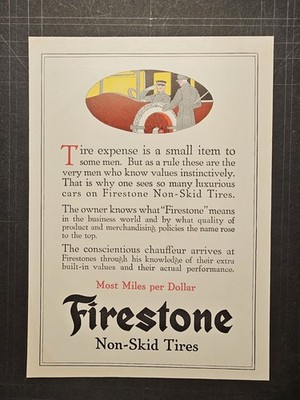1915 magazine ad for Firestone tires, most miles per dollar