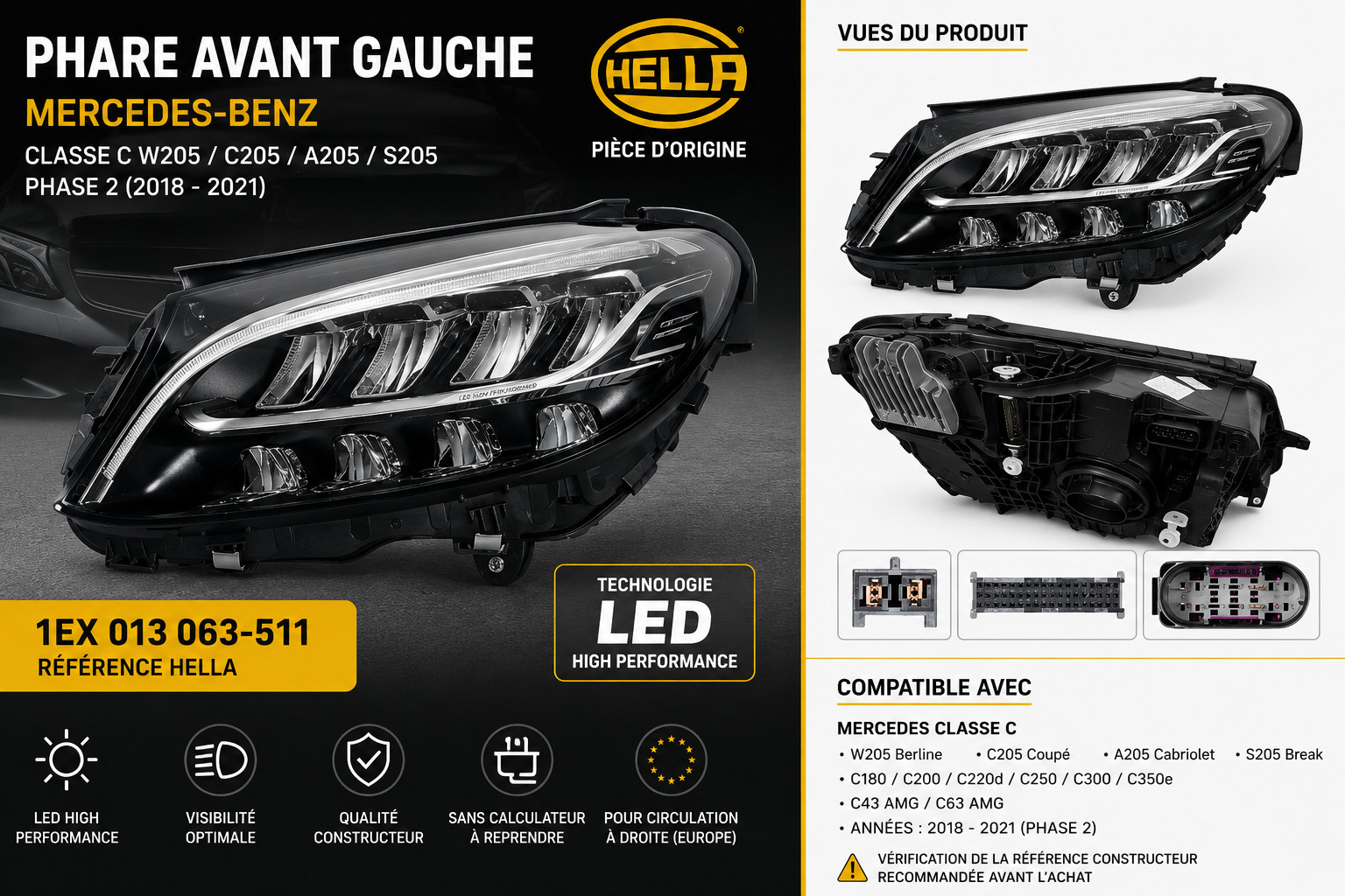 Phare gauche LED HELLA haut de gamme pour Mercedes Classe C S205