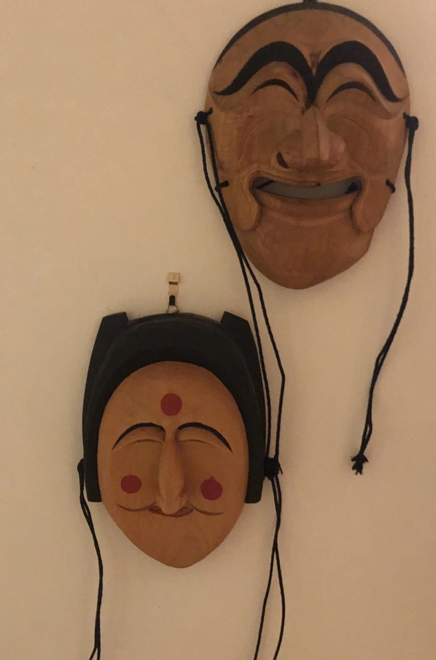 Винтажный ручной резьбы деревянные маски Hahoe традиционный Корея набор из 2 мужчин женщина настенное искусство - Изображение 3 из 4