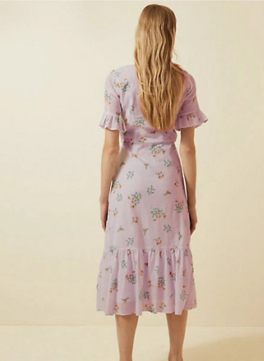 M S X GHOST Cotton Floral Frill Midi Dress Lilac Size 12 Rrp 69 eBay