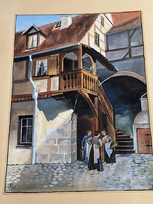 Antique German Original Painting Artist Signed Ladies in Alley Early 1900s