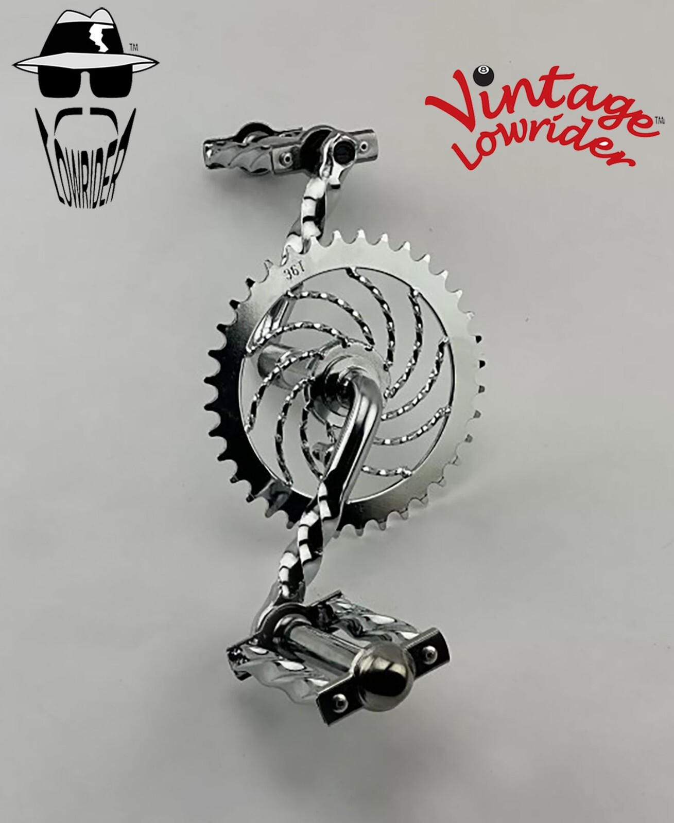 VINTAGE LOWRIDER TWISTED 4 1/2" CRANK, PEDALS, B.B. SET & 36T TWISTED SPROCKET.
