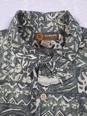 GH Bass Earth Shirt Men L Fish Batik Green Button Short Sleeve Dad Vacay Outdoor