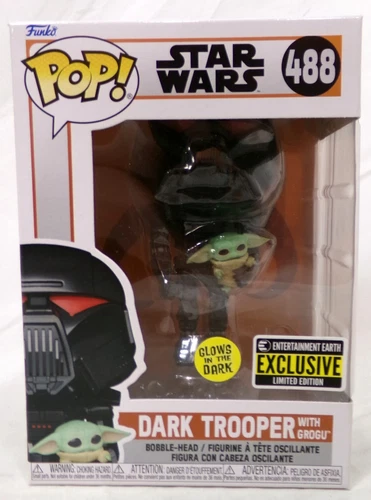 Funko Pop! Star Wars 488 Dark Trooper w/ Grogu Glows EE Exclusive Vinyl Figure