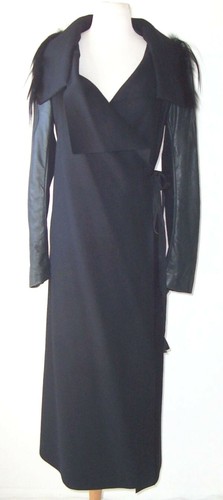 JAN & CARLOS Vintage Black Wool Leather Goat Fur Wrap Coat 42 6