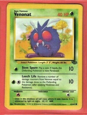 first edition venonat pokemon card 1999 Jungle #63 CGC 7.5 NRMT+ on Fanatics Collect [1G] Leech Life (10) Remove a number of damage counters from Venonat equal to the damage done to the Defending Pokemon (after applying Weakness and Resistance). Venonat - Jungle - Pokemon