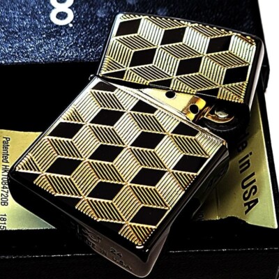 Zippo Cube Gold Double Sided Engraving Black Nickel Lighter Japan
