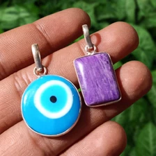 Charoite & Evil Eye Gemstone 2PCS Pendants 925 Sterling Silver Plated Jewelry