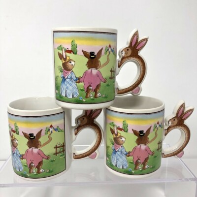 Set 3 Vintage Bunny Rabbit Handle Coffee Mugs Easter Spring Anthropomorphic