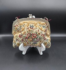 Vintage Ivory Floral Tapestry with Silver Tone Clasp and Handle Evening Bag