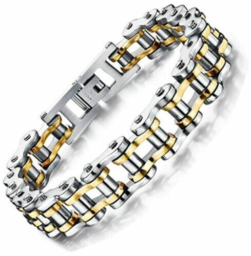 Bracelet homme acier inoxydable anti ternissement maille moto argent et or bicolore