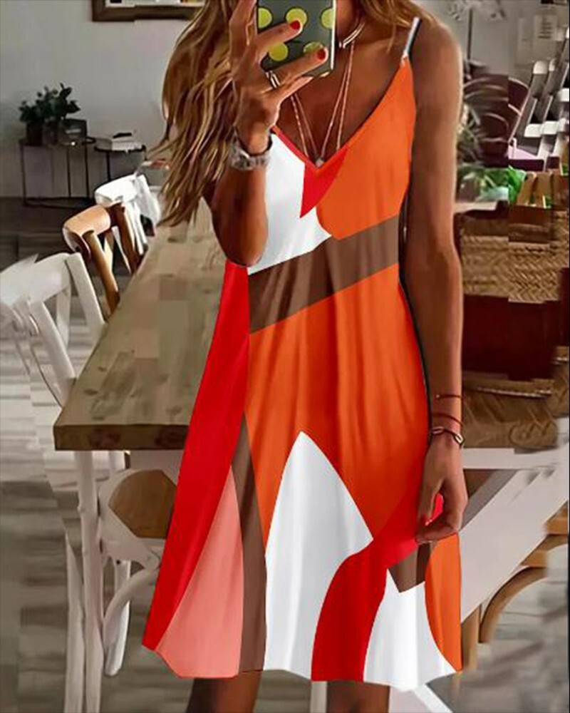 Women Geo Print V-hals Casual Cami Dress Size LARGE-UK | eBay