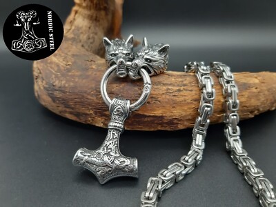 Thors Hammer Wolf Wolfsköpfe Edelstahl Königskette Halskette Stainless Steel NEU
