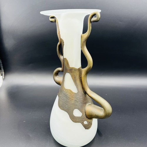 Filip Ravert Art Glass 10" Vase White Satin Frosted Bronze Handle Overlay Signed - Picture 3 of 13