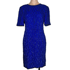 Vtg LAURENCE KAZAR Bright Blue Gatsby Party Beaded Sequin Evng Gown Dress Silk L