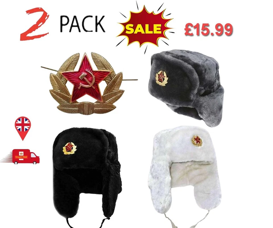 PACK OF 2 CAP RUSSIAN TRAPPER HAT SOVIET BADGE MILITARY USHANKA COSSACK UNISEX