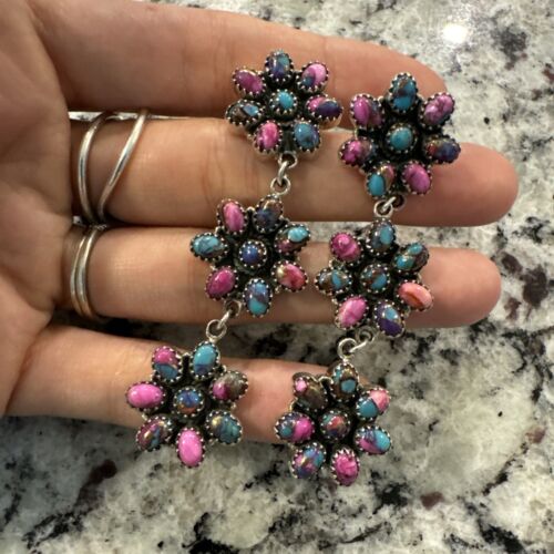 kingman pink dahlia turquoise Dangle Earrings