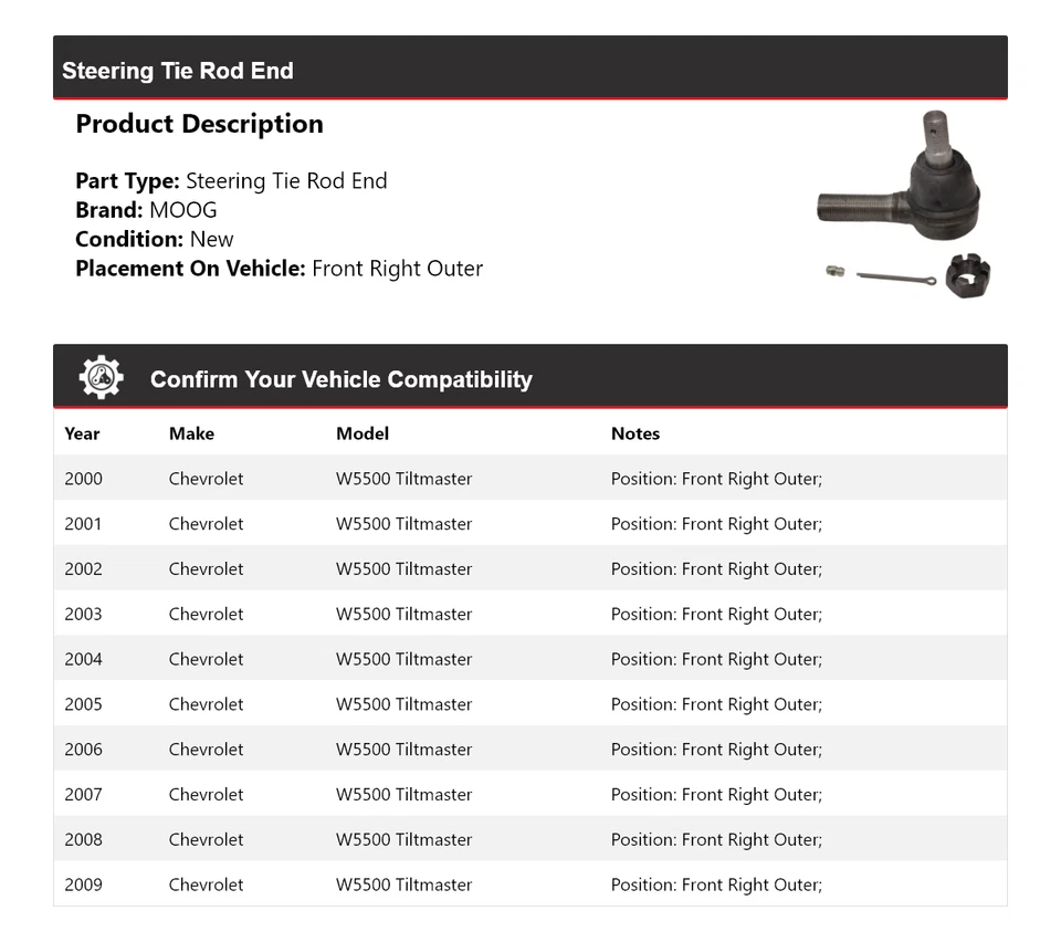 Extremo de varilla de dirección Tiltmaster 2000-2009 para Chevrolet W5500 MOOG 2000 2001 Foto 2 de 4