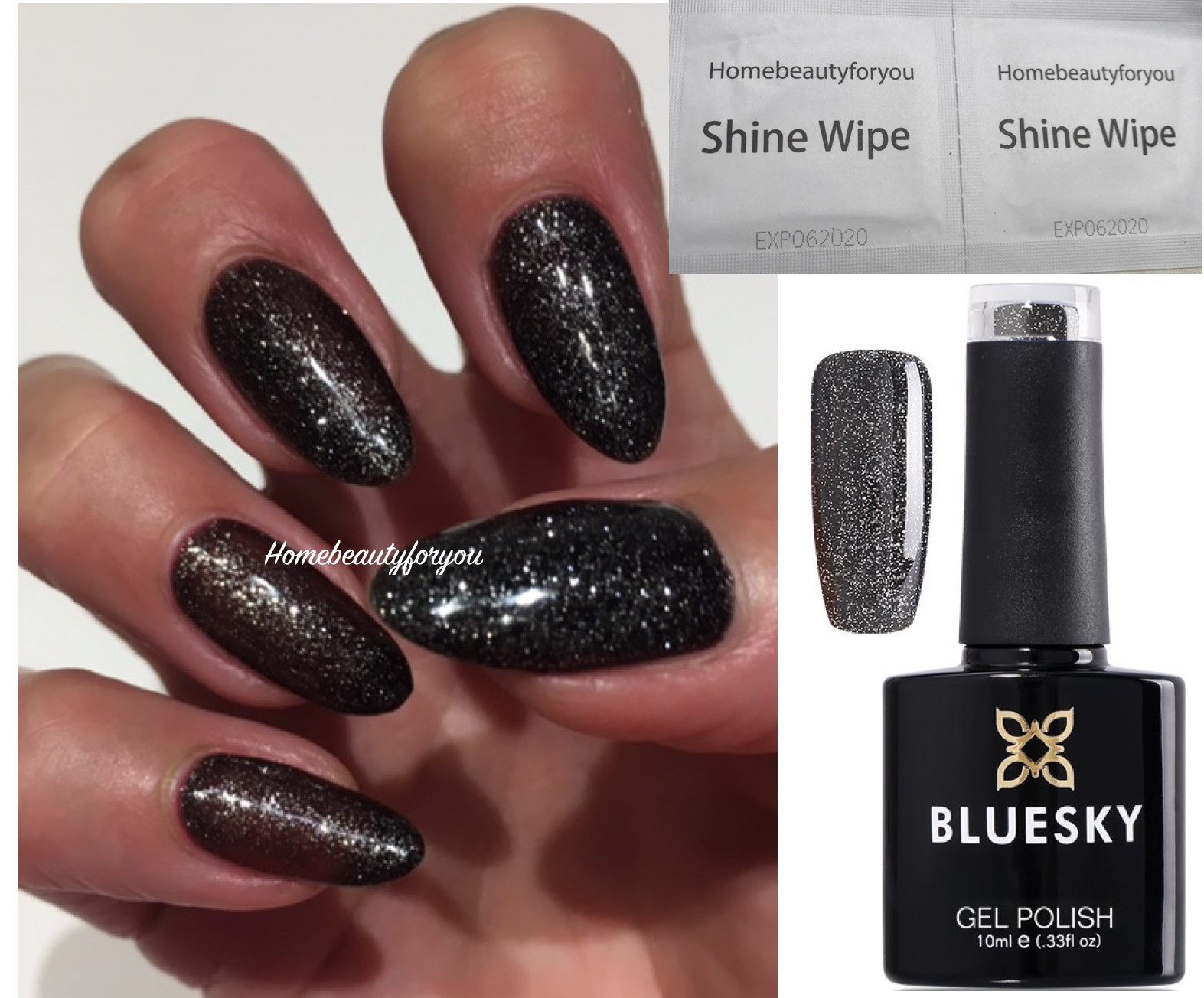 BLUESKY GEL NAIL POLISH BLACK WITH FINE SILVER GLITTER LED UV SOAK OFF VIP03