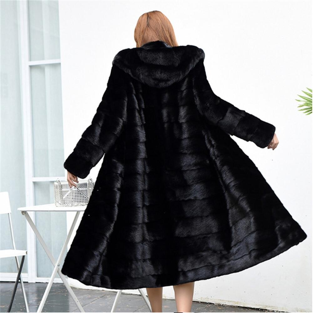 ムートン・ファーコート I AM MARI fakefur hood long coat 4BNY431 Women Winter Faux Fur Coat Medium Long Fur Coat Warm Outdoor