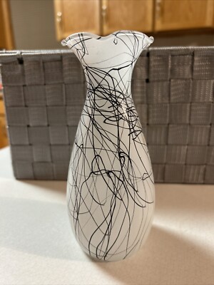 Anchor Hocking 6.5  Fluted Satin Glass Vase With Black Squiggles Vtg. EUC