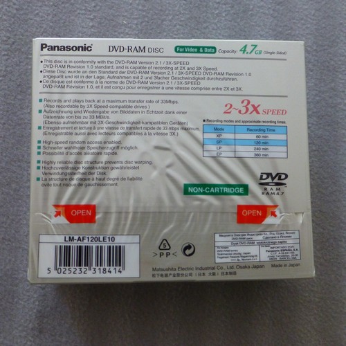 10 PACK Panasonic DVD-RAM - 120 Min, 2-3x Speed New and Sealed - Afbeelding 2 van 5