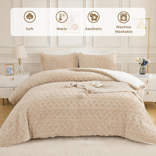 Beige Fleece Comforter Set Queen, Soft Fluffy Faux Fur Comforter for