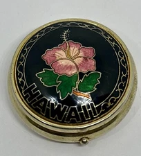 Pill Box Decorative Pill Case Black Gold Tone Hibiscus Flower Metal "Hawaii"