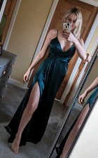 Utterly FABULOUS Green Satin High Split Ball gown Cocktail Dress Prom Dress